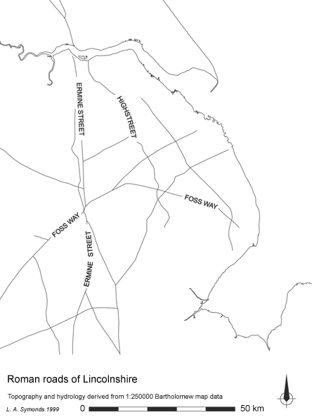 Map showing Roman roads of Lincolnshire