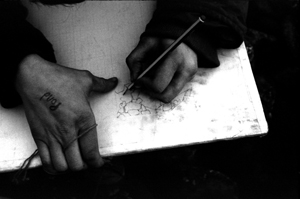 'POND' - close-up of hands drawing on permatrace. Copyright of Jonathan Bateman.