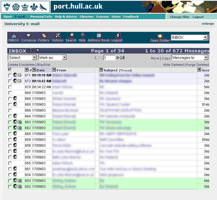 Access to IMAP email system as featured within the University of Hull portal