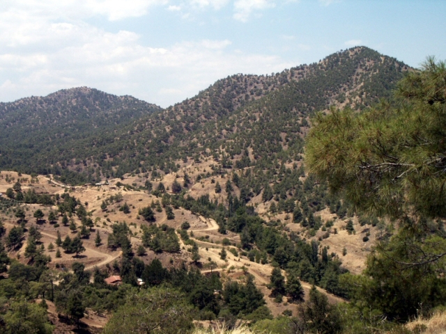 Figure 33: Asinou Valley from the hilltop church of Stavros (TP033). Asinou village (TS03) is on the yellow hilltop centre-left. Photograph: Michael Given. 