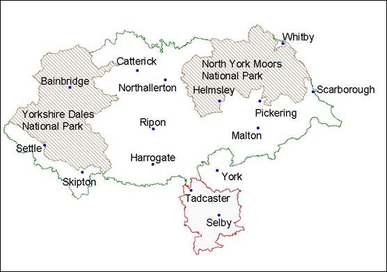 North Yorkshire County Council SMR/HER area from April 1997, with Selby district highlighted. Crown Copyright North Yorkshire County Council Licence No. 100017946 (2005).