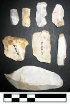 Figure 7: Flint artefacts from the Barrow Valley; top: small flakes and blades made of local flint; bottom: a large later mesolithic flake of 'imported' flint