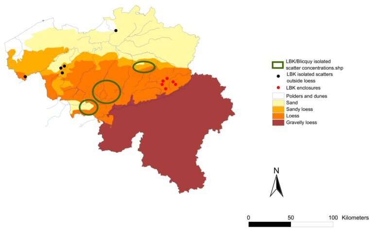 Figure 6. LBK enclosures, significant LBK/Blicquy isolated scatter concentrations, and isolated LBK/Blicquy scatters outside the loess region (after Jadin and Hauzeur 2003)