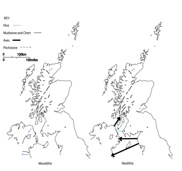 Figure 2: A traditional account of the movement of goods around the area in the Mesolithic (left) compared to the Neolithic (right) (After Woodman 2004, 295).