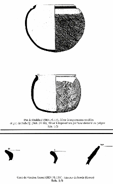 Pot de Diakhité (SEN 76.17), décor à impressions cordées et pot de Nabadji (SEN 76.18), décor à impressions par basculement au peigne (up)Ech. 1/3 Gent de Vendou Siemé (SEN 78.135) : tessons de bords (lèvres) Ech. 1/2