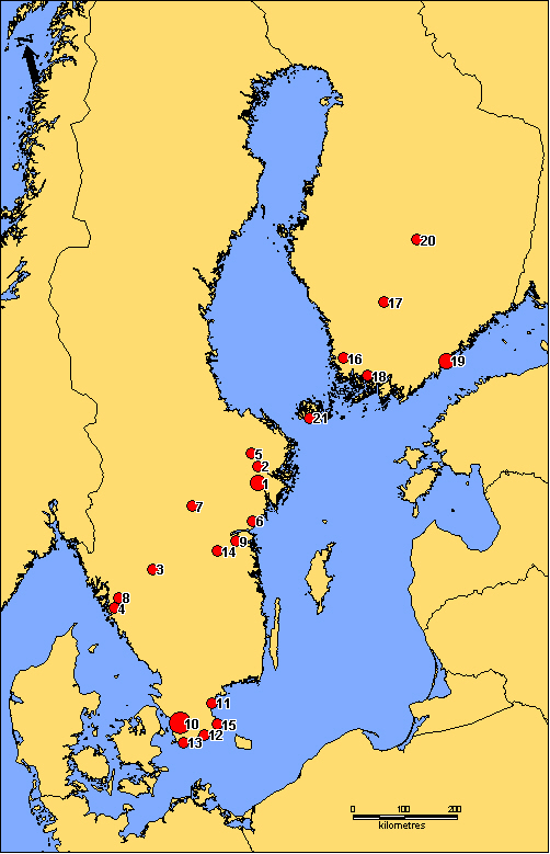 Map of Sweden and Finland showing comb finds