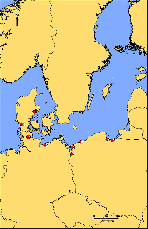Map of Southern Baltic showing comb finds