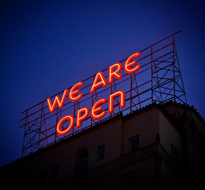 Neon sign. We are open