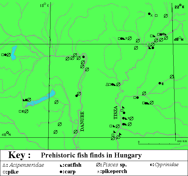 Figure 5: The geographical distribution of prehistoric fish finds in Hungary (1987).