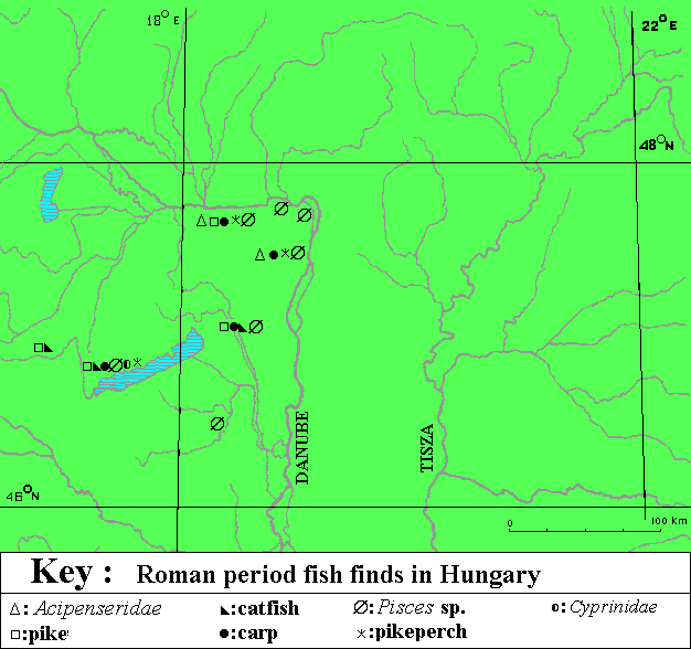 Figure 6: The geographical distribution of Roman period fish finds in Hungary (1987).