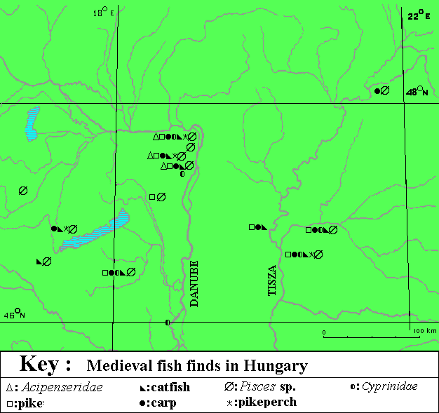 Figure 7: The geographical distribution of medieval fish finds in Hungary (1987).