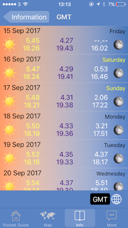 Figure 6: The app can display the times of sunrises and moonrises for any chosen location