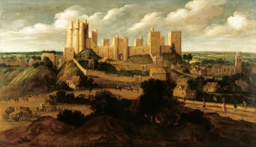 Oil painting of a large castle on top of a hill