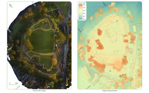 Aerial shots of the castle site showing remote sensing results