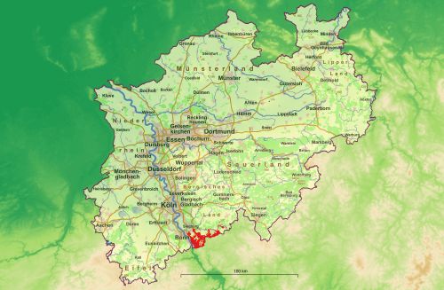 A map of North-Rhine-Westphalia, Germany, with the project area outlined in red
