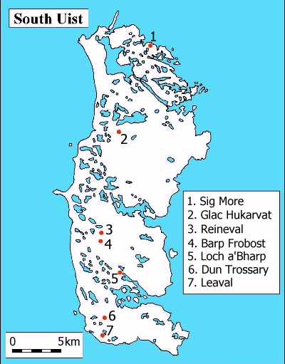 map showing location of Neolithic cairns - click numbers to view individual sites