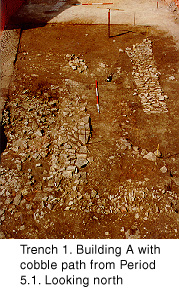 Trench 1: Building A with cobble path from Period 5.1. Looking north.
