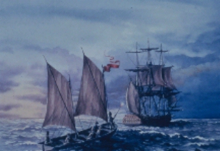 Original painting by Bronwyn Searle depicts HMS Pandora manoeuvring to take on board one of its boats shortly before running aground on the Great Barrier Reef in 1791