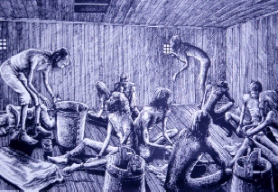 Artists depiction of the captured Bounty mutineers inside 'Pandora's Box'