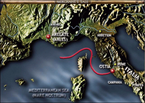 Map showing journey from Ostia across the sea to France