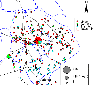 Map output of GIS analysis  - the distribution of Anglo-Scandinavian pottery in Lincolnshire