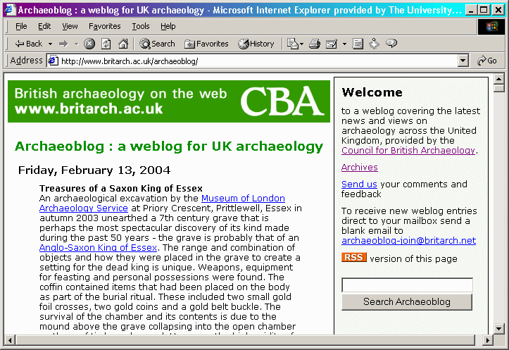 Screenshot of home page for Archaeoblog