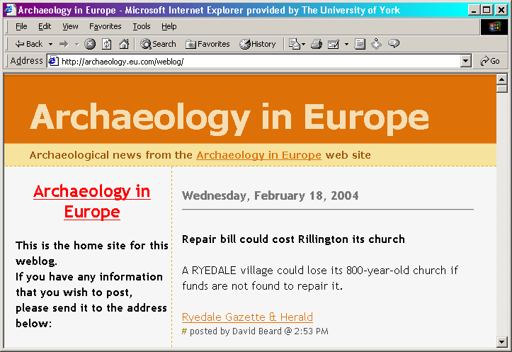 Screenshot of home page for Archaeology in Europe weblog