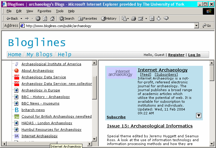 Screenshot of Bloglines service for archaeology feeds