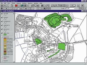 Screenshot from Archview GIS showing selected sites [coloured] within Castle Hedingham