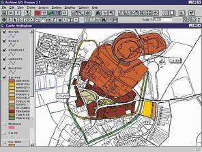 Screenshot from Archview GIS showing medieval sites [coloured] within Castle Hedingham