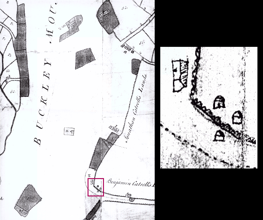 Estate map with map to the right showing  an enlarged view of three kilns contained in the marked box in the larger image