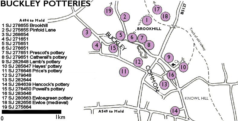 Map showing location of the 19 Buckley potteries