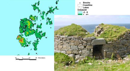 Composite image of a broch and distribution map of Orkney