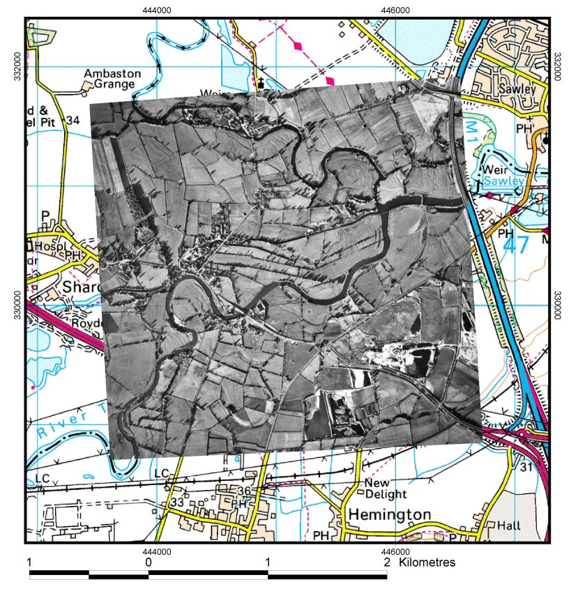Aerial photo overlain onto OS map of Trent-Derwent confluence