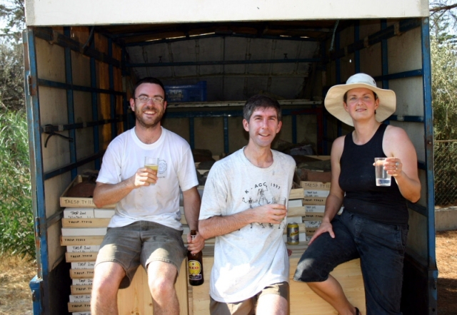 Figure 10: Hugh Corley, Michael Given and Kristina Winther Jacobsen after loading Panikos Theodorou's fruit-delivery van with the project's artefact collection for submission to the Department of Antiquities, 11 July 2005. Photograph: Michael Given.