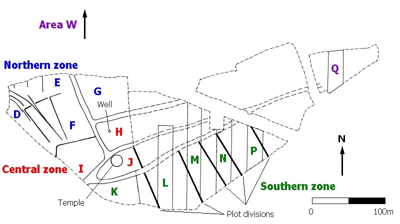 Figure 1. A schematic diagram of excavated areas at Elms Farm, Heybridge (after Atkinson and Preston 1998, 93)