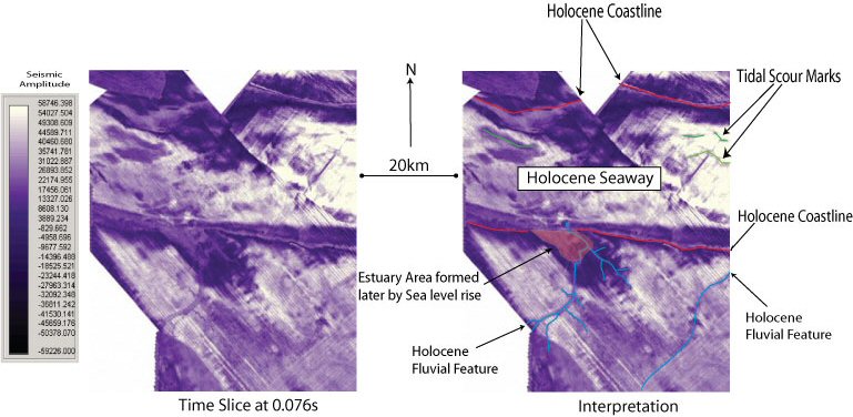 Figure 4: The structure of the Holocene landscape can clearly be seen in this Seismic timeslice taken at 0.076s. The quality of the seismic data allows the image to be interpreted in a manner similar to satellite imagery. Coastlines, Estuaries and large fluvial features in this image can all be seen to be integral parts of the Mesolithic landscape of this region.