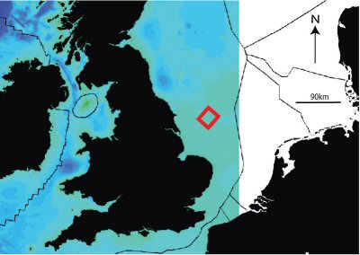 Figure 2:  Image of the Bathymetry (topography) of the North Sea area. The 6250 km2 covered in this paper is marked by the position of the red box. (ETOPO2 v.2 bathymetric dataset provided, courtesy of  NOAA [National Geophysical Data Centre].)