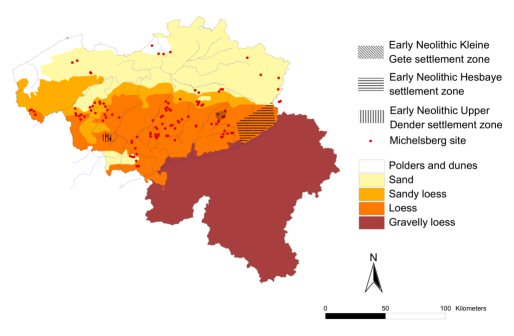 Figure 5. Early and Middle Neolithic site distributions throughout the Scheldt basin (after Crombé and Vanmontfort 2007)