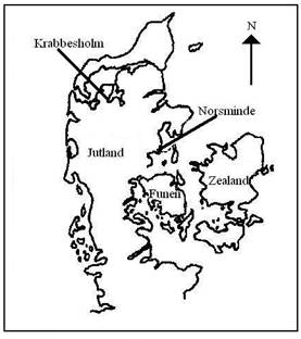 Figure 3: Map showing the location of Krabbesholm and Norsminde midden sites in Denmark.
