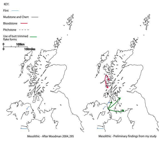 Figure 6: A traditional account of the movement of goods around the area in the Mesolithic (left) (After Woodman 2004, 295) compared to a revised version from the preliminary results of the study (right).