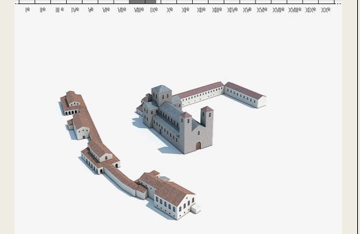 The sequence of three-dimensional images of the key buildings on the abbey site.