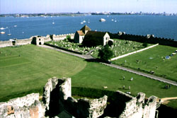 The medieval castle and church within the walls of the Portchester Saxon Shore fort.