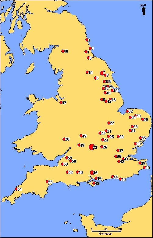 Map of England showing comb finds