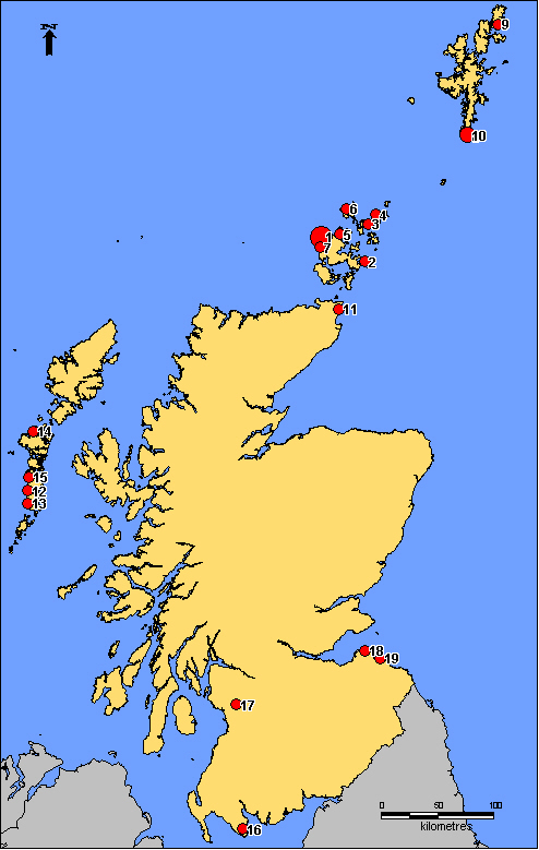 Map of Scotland showing comb finds