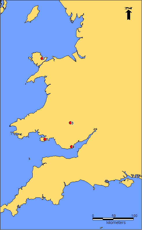 Map of Wales showing comb finds