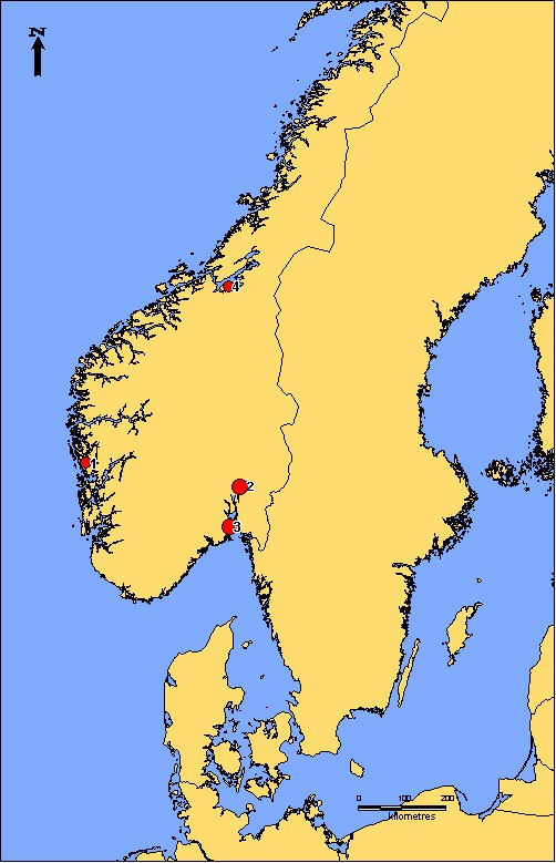 Map of Norway showing comb finds