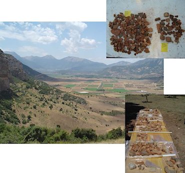 Composite image showing landscape and pottery from fieldwalking