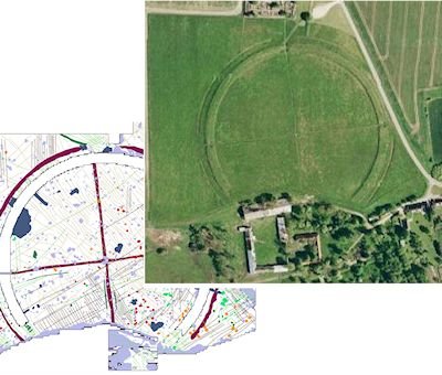 Composite image showing site plan and aerial photograph