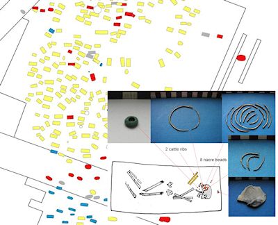 Composite image showing grave plots with a burial plan and artefacts recovered